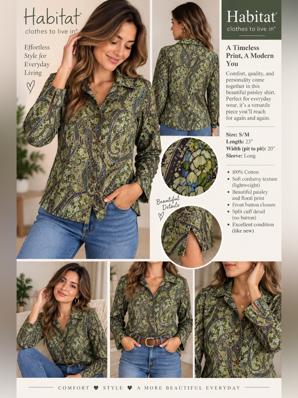 Habitat Women’s S/M Green Paisley Floral Corduroy Button Front Shirt Made USA